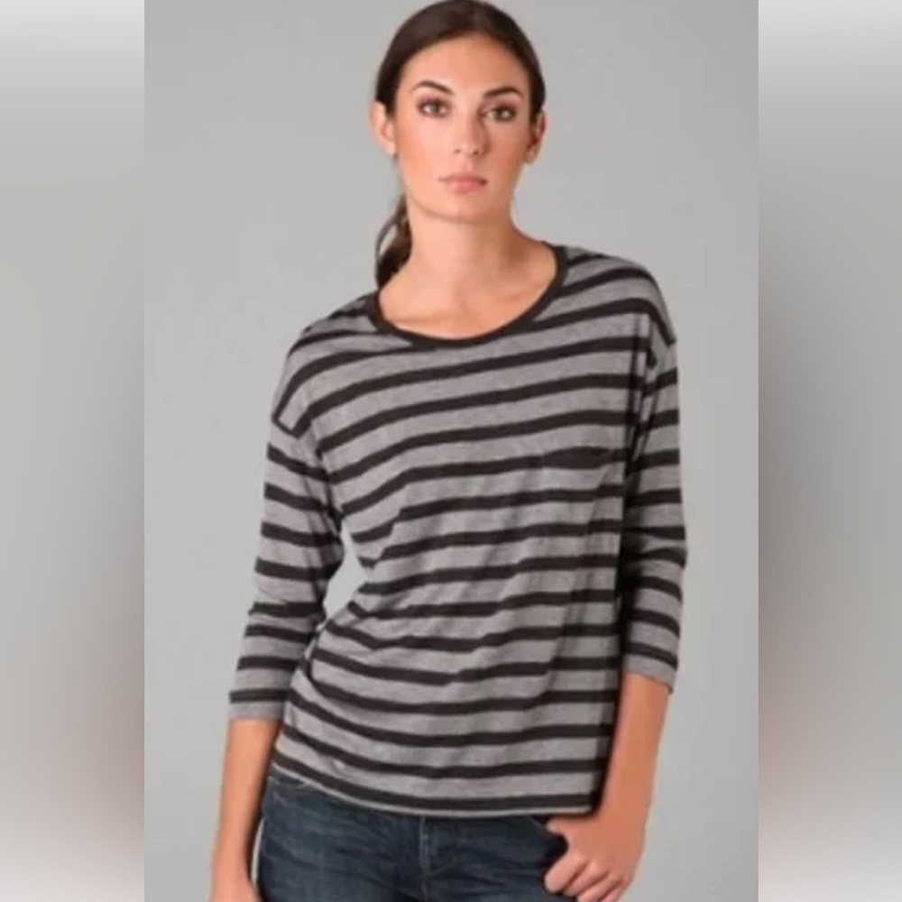 Vince Striped Pocket Tee Women's 3/4-Sleeve Black Gray Viscose Knit